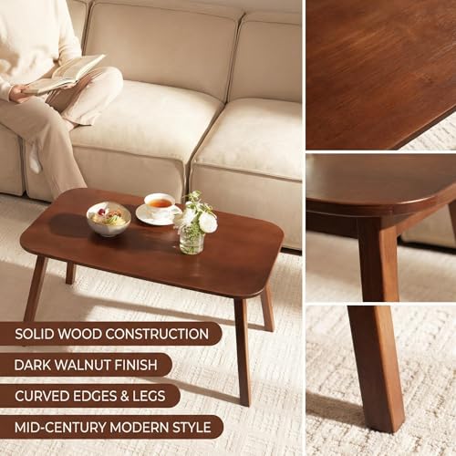 Baveke Folding Coffee Table- Foldable Floor Tables, Mid Century Coffee Table for Living Room, Small Coffee Tables Solid Wood Japanese Low Table for Sitting on Floor, No Assembly, 31.5''-Brown