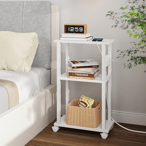 TUTOTAK Small Narrow Side Table, Set of 2 Skinny End Table | for Small Spaces, Slim Nightstand with USB Ports and Outlet,Sofa Beside Table with Wheels, White TB01BW047 - color: White, size: 2 PC, style: With Plug