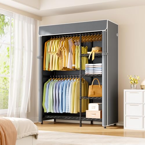 F2C Clothes Rack with Cover, Gray Covered Clothing Racks | Heavy Duty Garment Rack with Shelves and Hanger Rods, Portable Closet System, 47.2"W x 16.5"D x 78.3"H, Load 630lbs - color: Black Closet with Gray Cover