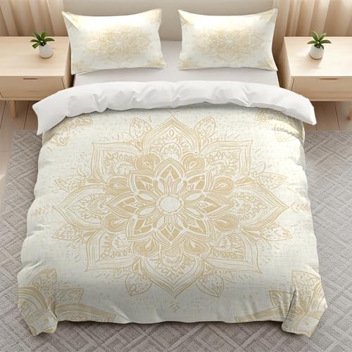 Floral Botanical Boho Flower Designed Duvet Cover Set, 3 Piece Soft Bedding Set (1 Duvet Cover and 2 Pillowcases), Floral Comforter Cover Set (Beige Gold Mandala Boho, King (104" x 90")) - color: Beige Gold Mandala Boho, size: King (104" x 90")
