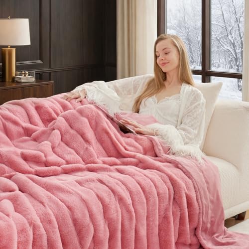 Cozy Bliss Deluxe Sheared Rabbit Faux Fur Throw Blanket, Soft Fuzzy High-Low Sculpted Plush Blanket for Couch, Cozy Home Accent, All Season Use, Pink 60"x80" - color: Striped - Pink, size: Twin(60" x 80")