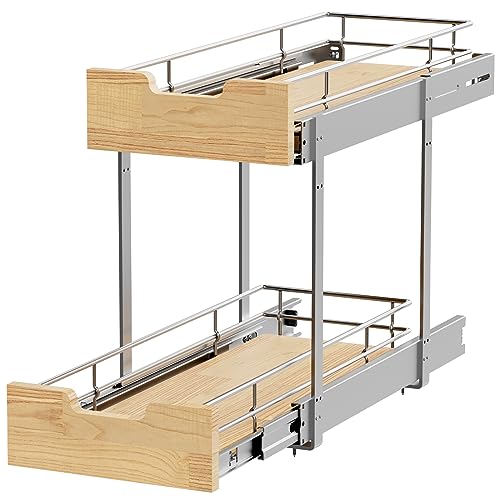 Sikarou Pull Out Cabinet Organizer,Heavy-Duty Slide Out Shelf, Wood and Wire Basket, Pull Out Drawer for for Kitchen Under Sink Space, Pantry, Bathroom, 2 Tie 9 * 21 in - size: 2-TIE 9*21 WM