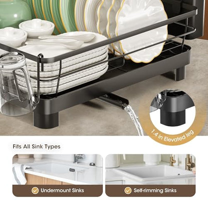 Runnatal Dish Drying Rack with Drainboard for Kitchen Counter and Sink | Large Dish Rack Rustproof Dish Drainer with Detachable 2-in-1 Utensil Holder, Extra Cup Holder, Black - color: Black, size: Standard