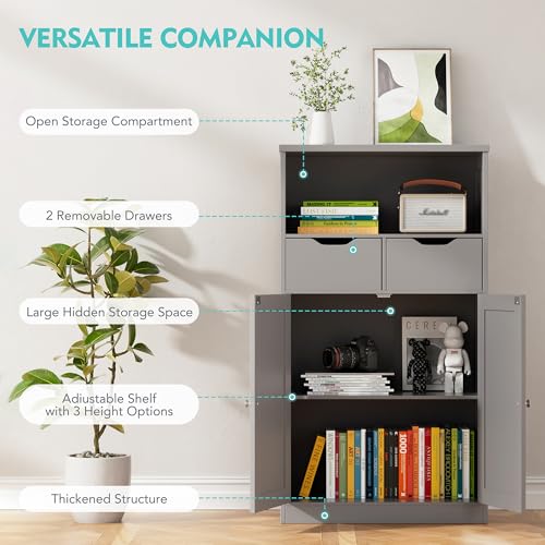 Vongrasig Bathroom Storage Cabinet, 42.5" H Freestanding Floor Cabinet | Wooden Modern Cabinet with 2 Drawers, Open Shelf and Adjustable Shelf for Bathroom, Laundry Room and Entryway, Grey - color: Grey
