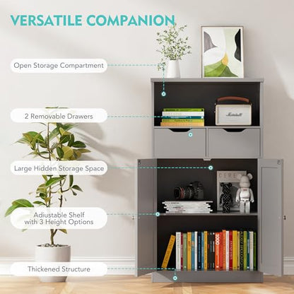 Vongrasig Bathroom Storage Cabinet, 42.5" H Freestanding Floor Cabinet | Wooden Modern Cabinet with 2 Drawers, Open Shelf and Adjustable Shelf for Bathroom, Laundry Room and Entryway, Grey - color: Grey