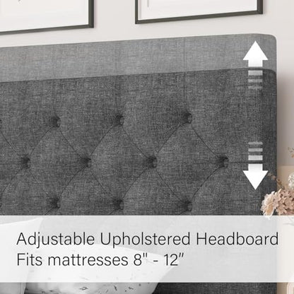 HOMBCK Twin Size Bed Frame, Gray Linen Fabric Upholstered Bed Frame with Headboard, Twin Bed Frames for Kids, Wood Slats, Button Tufted, No Box Spring Needed, Light Grey - color: Light Grey, size: Twin