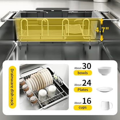 Expandable Over The Sink Dish Drying Rack - Adjustable Stainless Steel Dish Rack for Kitchen Counter or In-Sink, Heavy-Duty Rust-Proof Space Saving Drainer with Utensil Holder (15.5" to 23.2")