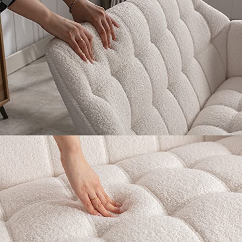 48" Small Loveseat Sofa, Modern Sherpa Mini Sofa Couch 2-Seater Fluffy Love Seat with Quilting Backs and Wood Legs for Living Room, Bedroom and Small Space, White - color: White