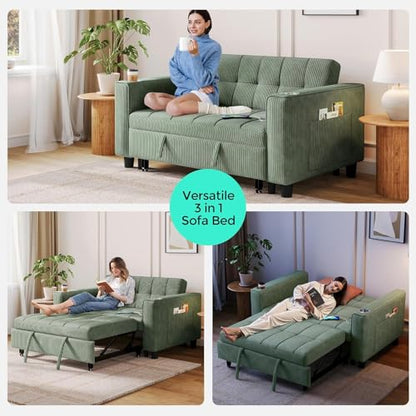 LINSY 54" Pull Out Couch with Charging Station - Sleeper Sofa Bed with Cup Holder, Small 3 in 1 Convertible Loveseat Sleeper Couch for Apartment, Dorm Room, Bedroom and Small Space(Olive Green) - color: Green