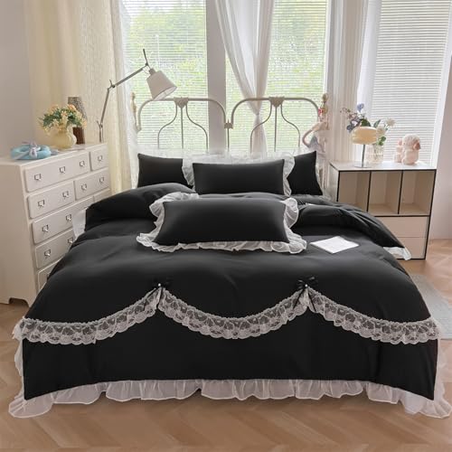 MOOWOO Lace Ruffled Bedding Setwith Cute Bowtie-3PC(1 Full Duvet Cover 80x90 Inch, 2 Pillowcases) Aesthetic, Black Goth Bedding for All Season - color: Black, size: Full