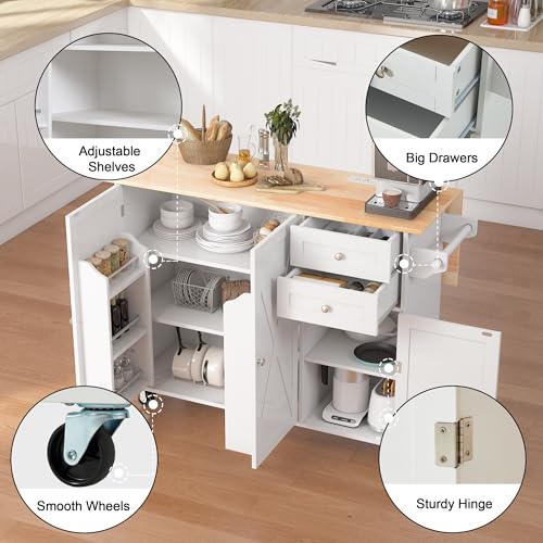 50.4" Kitchen Island with Drop Leaf & Power Outlet, Farmhouse Rolling Island Cart with 3 Spices Shelves on Wheels, Mobil Kitchen Island Table with Rubberwood Countertop Towel Rack, White - size: White