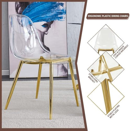 Baysitone Clear Dining Chairs Set of 10, Modern Kitchen Chairs with Transparent Seat, Acrylic Accent Side Chairs with Plating Metal Legs for Dining Room, Kitchen, Living Room with Gold - color: Golden, size: Set of 10
