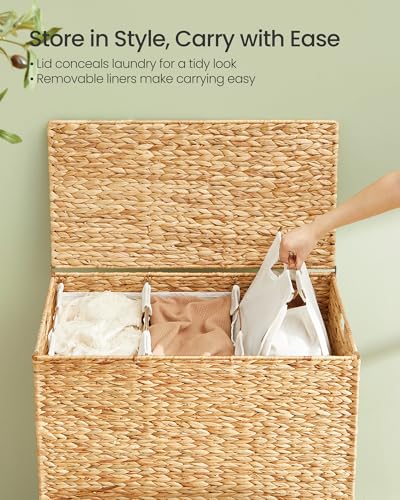 SONGMICS Laundry Hamper 3 Sections, 47.5 Gal. (180 L) Handwoven Water Hyacinth Wicker Laundry Basket with Lid, Natural Material, Removable Machine Washable Liners, Handles, Natural ULCB203Y01 - color: Natural, size: 180 L (Handwoven）