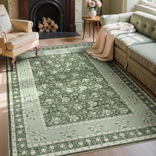 Lahome Floral Green Rugs for Bedroom, Non Slip Washable Rugs 5x7 Rug for Living Room, Stain Resistant Vintage Floral Rug for Dining Room Office (5'x7', Green) - color: Green, size: 5' x 7'