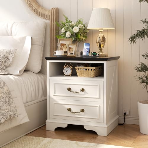 Unikito 24" Tall Farmhouse Nightstand with Charging Station, Rustic End Table with Drawer & Open Storage, Beside Table for Bedroom, Antique White - color: Warm White, size: 1 PACK