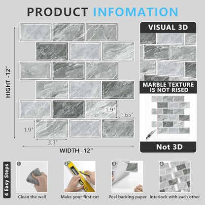 URCOLOR 10-Sheet Stick on Backsplash for Kitchen,12"x12" Peel and Stick Self Adhesive Wall Tiles Back Splashes for Bathroom Light Gray Marble Look - color: Light Gray
