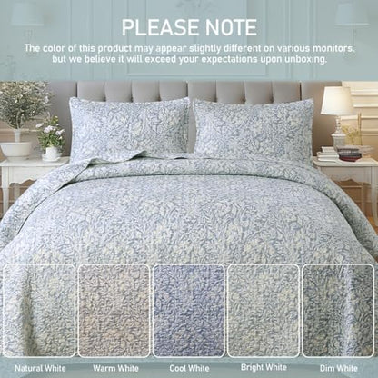 DURLENGEN Botanical Quilt Set King Size 3Pcs, Bluish Grey Printed with Beige Leaves Pattern,Soft Polyester Lightweight Bedspread for All Season Layering(King 106x96,Beige Botanical) - color: Beige Botanical, size: King(106" x 96")