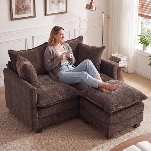 50'' L-Shape Loveseat Sofa with 22" Ottoman, 2 Seat Modern Cloud Couch with 2 Washable Pillows for Small Space Apartment Office Living Room Bedroom, Brown - color: Brown, size: 50"L
