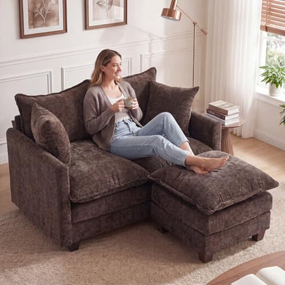 50'' L-Shape Loveseat Sofa with 22" Ottoman, 2 Seat Modern Cloud Couch with 2 Washable Pillows for Small Space Apartment Office Living Room Bedroom, Brown - color: Brown, size: 50"L