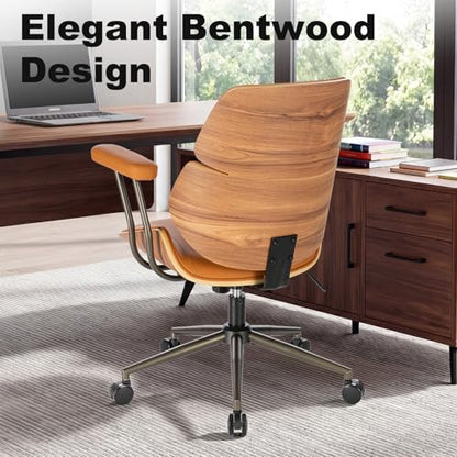 Mid Century Walnut Bentwood PU Leather Office Chair with Arms, Brown | Curved walnut bentwood back & seat; removable armrests; PU leather upholstery; swivel & rolling; for home office & study - color: Brown, size: 2-Section Back / No Headrest