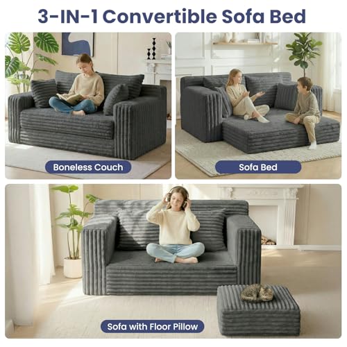 3-in-1 Convertible Sofa Bed: Boneless Loveseat Sleeper & Folding Couch Bed with 4 Pillows & Detachable Cushion, Furry Futon Couch for Bedroom, Apartment, Office and Living Room, No Assembly, Grey - color: D-grey, size: Loveseat Sofa