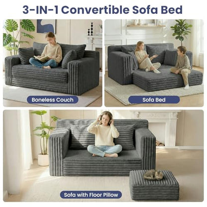 3-in-1 Convertible Sofa Bed: Boneless Loveseat Sleeper & Folding Couch Bed with 4 Pillows & Detachable Cushion, Furry Futon Couch for Bedroom, Apartment, Office and Living Room, No Assembly, Grey - color: D-grey, size: Loveseat Sofa