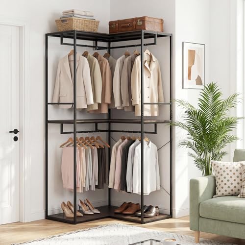 GIANTEX Heavy Duty Clothes Rack, 3-Tier L-Shaped Garment Rack w/3 Open Shelves & 2 Hanging Racks, Anti-Tippling Devices, Industrial Freestanding Closet Organizer for Bedroom, Living Room & Laundry