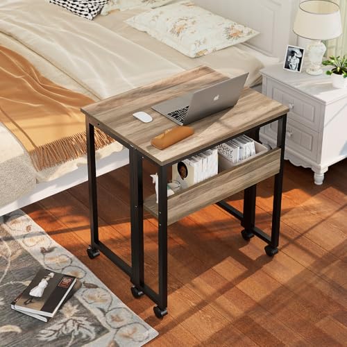 GreenForest Folding Desk with Wheels, 24.8" Rolling Table for Small Spaces | Storage Shelf, Lockable Casters, Compact Portable Workstation, Space-Saving Foldable Sofa Table, Home Office, Mobile, Grey - color: Grey Wash, size: 24.8 inch