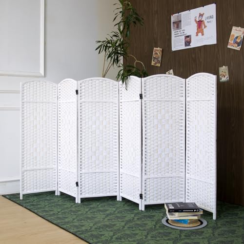 6-Panel Short Room Divider, 3.9 ft Freestanding Partition Wall, Natural White Rattan Double-Sided Folding Screen for Living Room, Bedroom & Corner Privacy - color: White, size: 6 Panel