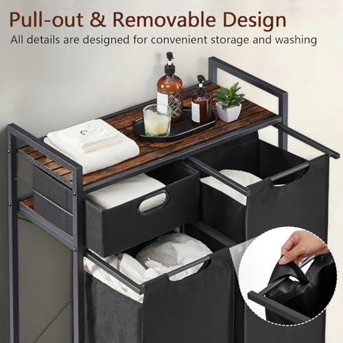 Zevemomo Large Rustic Brown & Black Laundry Basket with Wheels, 3 Compartments, 60L Capacity, Floor Mount, Laundry Room & Bathroom