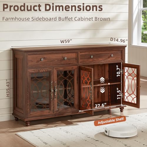 Joaxswe Farmhouse Sideboard Buffet Cabinet with Storage,59" Large Credenza with 4 Glass Doors & 2 Drawers,Adjustable Shelves Console Table,Wood Kitchen Coffee Bar for Dining Room,Living Room,Brown