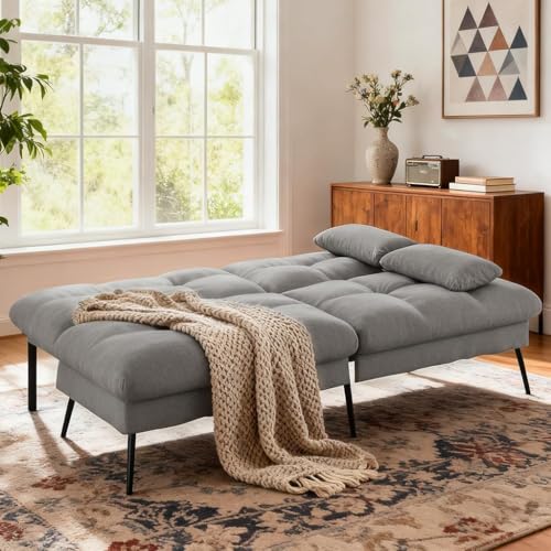 COMHOMA 72″ Convertible Futon Sofa Bed, Adjustable Backrest, Grey | Breathable Fabric Futon Couch with Pillows,Multi-angle Ergonomic Reclining,Space-saving Sleeper Sofa for Living Room - color: Grey