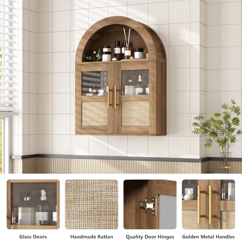 RUSTOWN Arched Bathroom Wall Cabinet with 2 Glass & Rattan Doors | Rattan Medicine Cabinet, Farmhouse Over the Toilet Storage Cabinet, Adjustable Shelves, 3-Tier Wall Mounted Cabinets - color: Rustic Oak