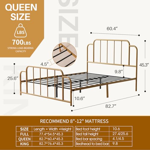 PINJU Metal Platform Bed Frame with Headboard and Footboard, Classic Style, Sturdy Metal Slats, No Box Spring Needed, Easy Installation (Gold, Queen) - color: Gold, size: Queen