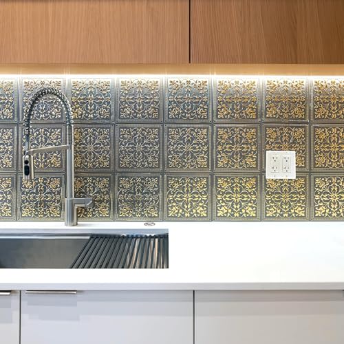 Peel and Stick Metal Backsplash Tiles, Rustic Farmhouse, 10-Pack | 8 x 8 in tile size; Covers up to 4.44 sq ft; Aluminum; Water-resistant surface; For kitchens, ceilings, DIY projects - style: Rustic Farmhouse