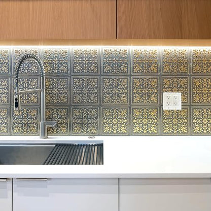 Peel and Stick Metal Backsplash Tiles, Rustic Farmhouse, 10-Pack | 8 x 8 in tile size; Covers up to 4.44 sq ft; Aluminum; Water-resistant surface; For kitchens, ceilings, DIY projects - style: Rustic Farmhouse