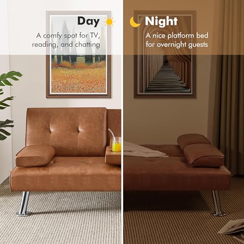Yaheetech Convertible Futon Sofa Bed Loveseat with Cup Holder, Brown | 3 Angles Sofa, Recliner Chair, Bed, Compact Faux Leather Love Seat for Living Room, Guest Room, Dorm, Small Apartment - color: Brown