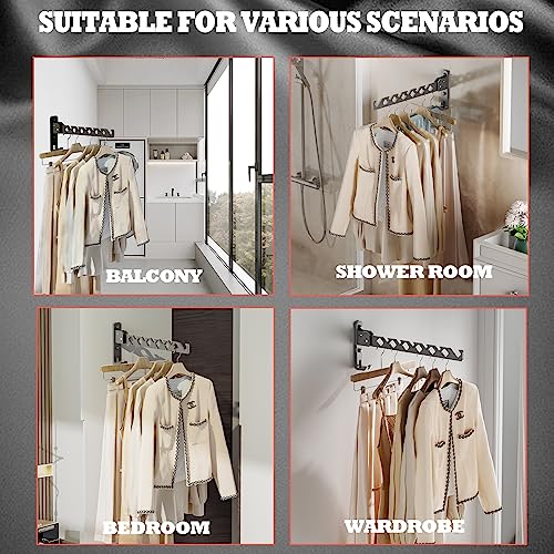 Wall Mount Coat Hanger Holder Black Clothes Drying Organizer Rack Garment Hooks Aluminium Retractable Folding Indoor Wall Mounted Hanger Space Saver for Laundry Room Bedroom Black 2 Pack with 8 Hooks - color: Black 2racks with Hooks