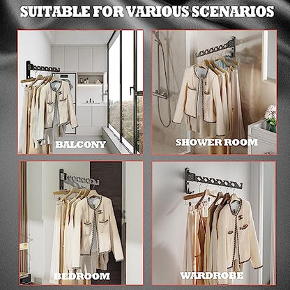 Wall Mount Coat Hanger Holder Black Clothes Drying Organizer Rack Garment Hooks Aluminium Retractable Folding Indoor Wall Mounted Hanger Space Saver for Laundry Room Bedroom Black 2 Pack with 8 Hooks - color: Black 2racks with Hooks