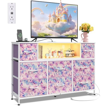 WLIVE LED Dresser TV Stand for 55 Inch TV, 8 Drawers, Tie-Dye | Fits TVs up to 55 inch, 8 fabric drawers, LED chest of drawers, Built-in power outlet, Living room or bedroom - color: Tie-dye Purple Print