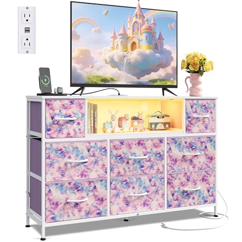 WLIVE LED Dresser TV Stand for 55 Inch TV, 8 Drawers, Tie-Dye | Fits TVs up to 55 inch, 8 fabric drawers, LED chest of drawers, Built-in power outlet, Living room or bedroom - color: Tie-dye Purple Print