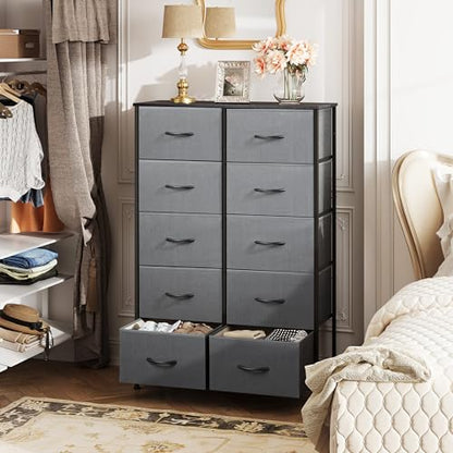 WLIVE Tall Dresser for Bedroom with 10 Fabric Drawers, Dark Grey | 10 Drawers, Fabric Dresser for Closet, Storage Tower with Cabinet, Metal Frame - color: Dark Grey