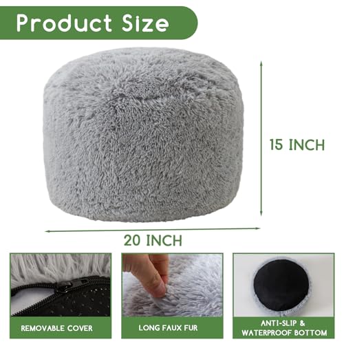 HIGOGOGO Round Stuffed Pouf Ottoman, Long Faux Fur Poufs with Foam Chunk Filling, Fluffy and Furry Pouf Foot Stool Storage Ottoman, 20 X 15 Floor Poufs Foot Rest for Living Room, Grey - color: Grey, size: 20"D x 20"W x 18"H