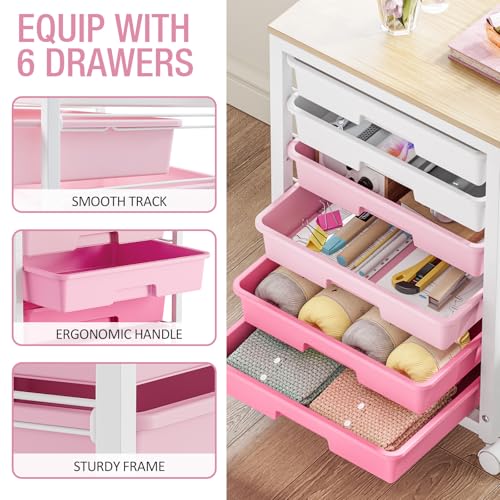 Sykiariol Rolling Cart with 6 Drawers,Pink | Utility Cart with Lockable Wheels and Wooden Tabletop for Under Desk Storage,Teacher Cart for Classroom - color: Pink, size: 6 Drawers