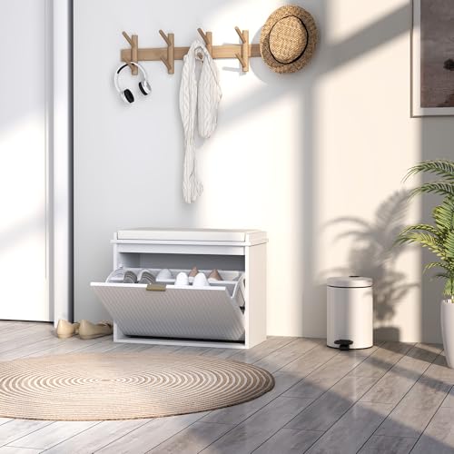HOMCOM Narrow Shoe Bench with Padded Cushion 24.4x10.2x18.7 Inches White | Shoe Storage Cabinet, Flip-Drawer, Adjustable Shelf, Small Entryway Bench, Holds up to 265lb - color: White, size: 24.4" x 10.2" x 18.7"