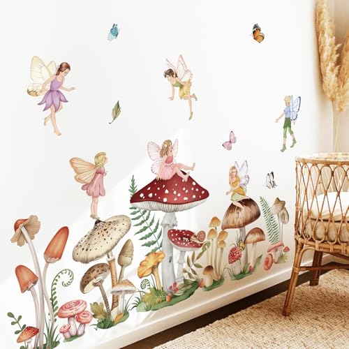 wondever Woodland Mushroom Wall Decals Fairy Butterfly Forest Peel and Stick Wall Art Stickers for Girls Bedroom Baby Nursery Living Room