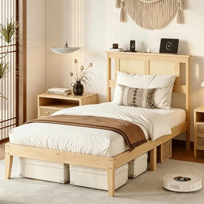 VINGLI Rattan Twin Bed Frame with Headboard,Boho Bed Frame with Underbed Storage and Charging Ports for Bedroom,Solid Wooden Slats Support,Noise-Free,Natural - size: Twin