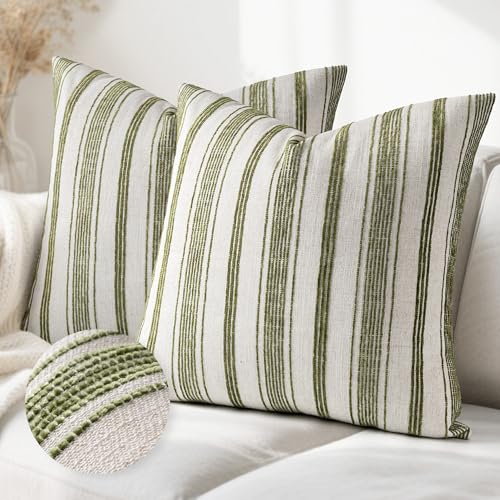 26x26 Decorative Farmhouse Linen Throw Pillow Covers, Beige with Olive Green Chenille Striped Pillow Case, Set of 2, Boho Textured Cushion Cover for Sofa Couch Living Room (Cover ONLY) - color: Beige With Olive Green, size: 26" x 26" (Pack of 2)