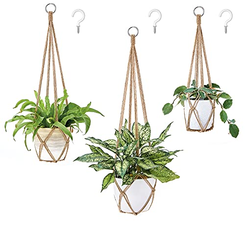 Dahey Macrame Plant Hanger Indoor Hanging Plant Holder Planter, Set of 3 | 3 Size, 35"/29"/23", Jute Rope, 3 Hooks, Fits 10" Pots Basket, Boho Decor for Living Room Garden, Handmade, No Tassels, Brown - color: Brown