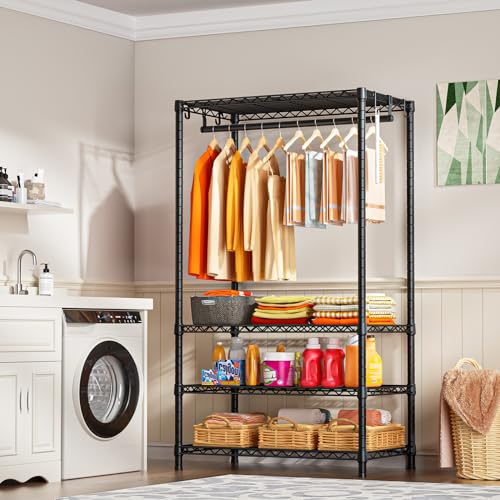 H4 Portable Closets, 4-Tier Metal Clothes Garment Rack for Bedroom and Cloakroom, Clothing Closet Storage and Organizer Wardrobe, 35.4" W x 14" D x 76.4" H, Black | Black Freestanding Clothing Closet Storage and Organizer Wardrobe for Apartment and Cloakr